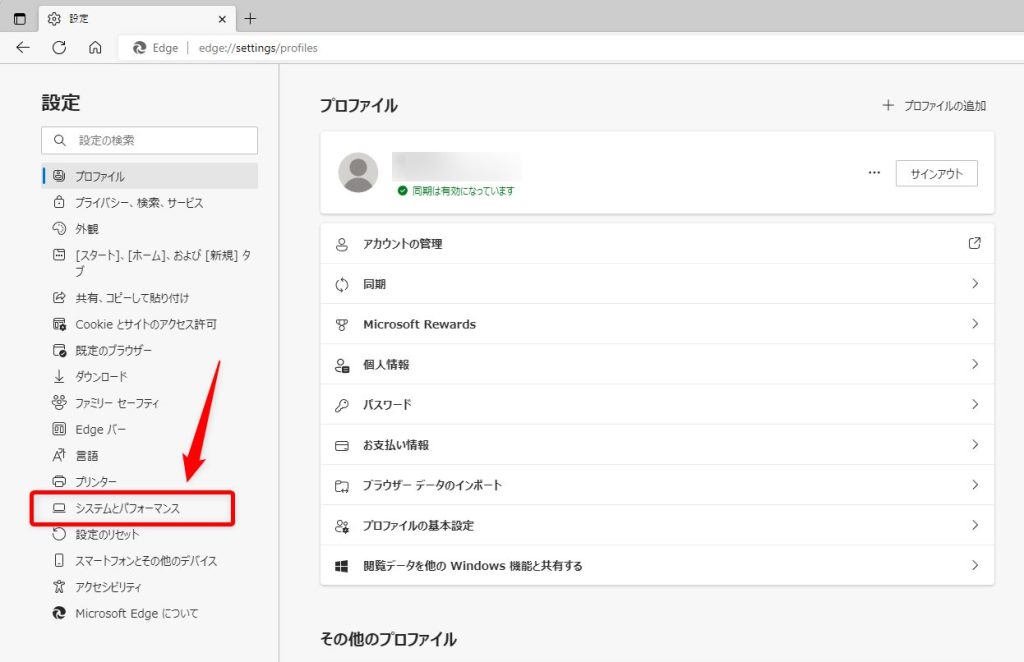 設定の左サイドメニューから『システムとパフォーマンス』を選択